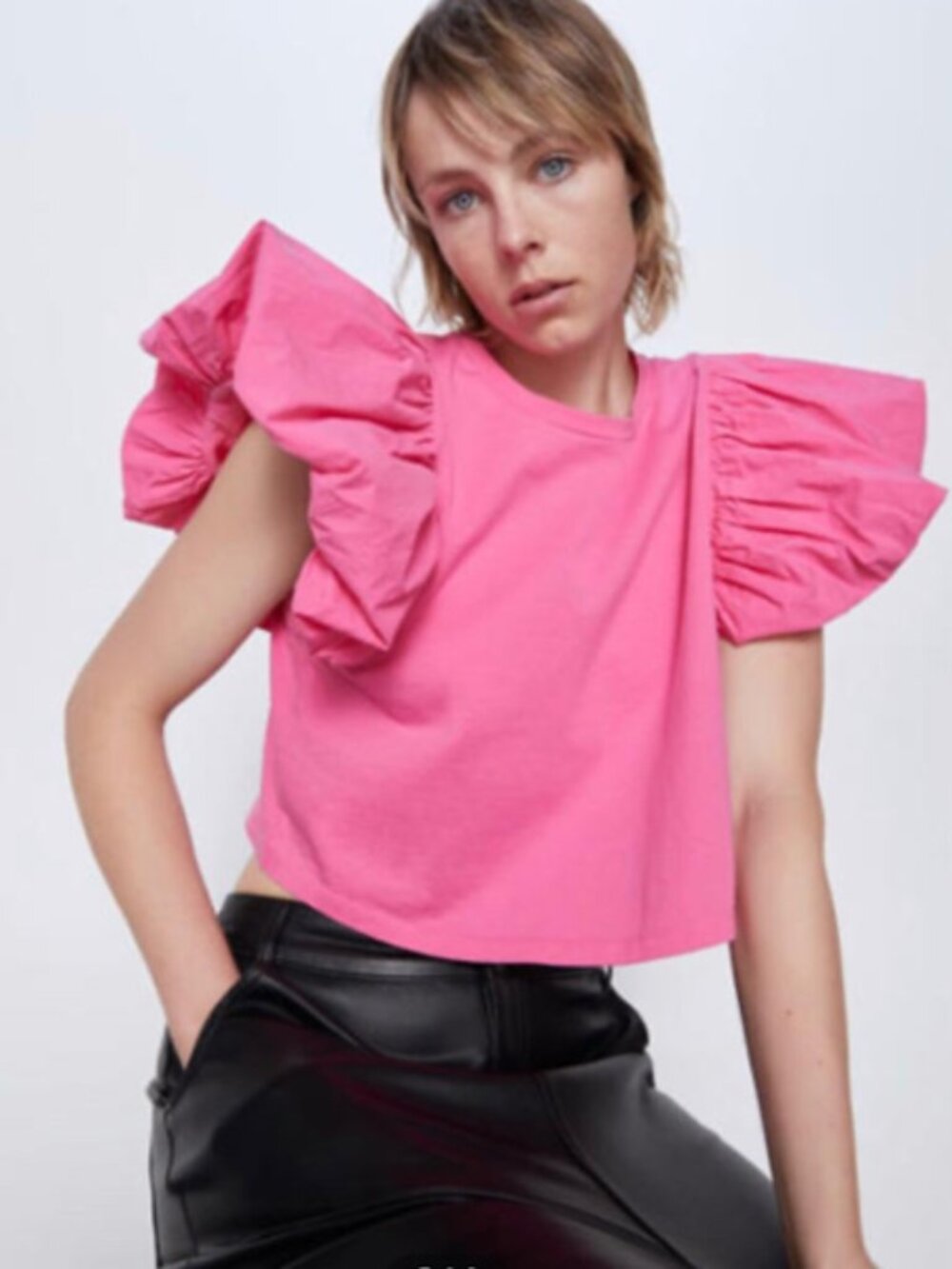 ZARA Pink Voluminous Puff Sleeves Crop Top Knit Poplin Mixed Size L Barbie Cute